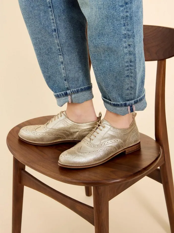 Women SHOES White Stuff Thistle Lace Up Leather Brogue Gold Tone Metallic