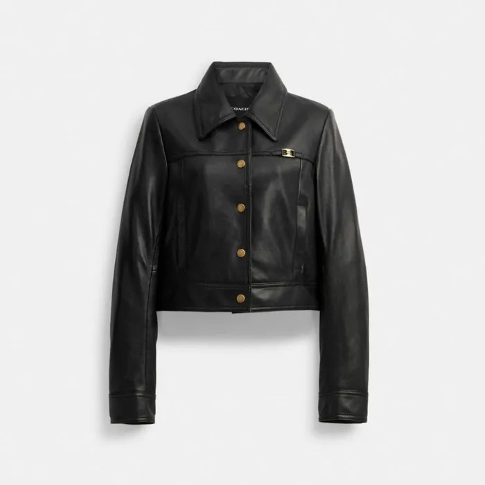 Women Snap Front Shrunken Jacket Black Coach Jackets and Outerwear