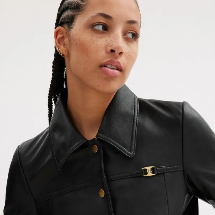 Women Snap Front Shrunken Jacket Black Coach Jackets and Outerwear