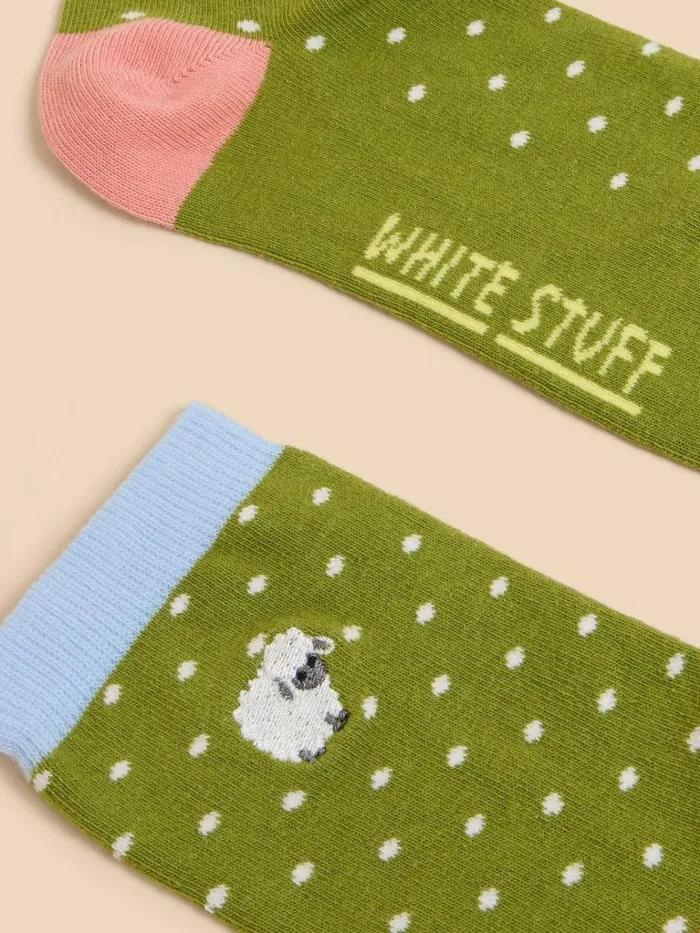 Women SOCKS White Stuff Embroidered Sheep Ankle Sock Green Multi