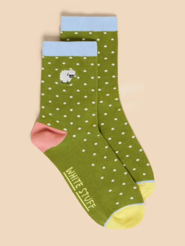 Women SOCKS White Stuff Embroidered Sheep Ankle Sock Green Multi Women SOCKS White Stuff Embroidered Sheep Ankle Sock Green Multi