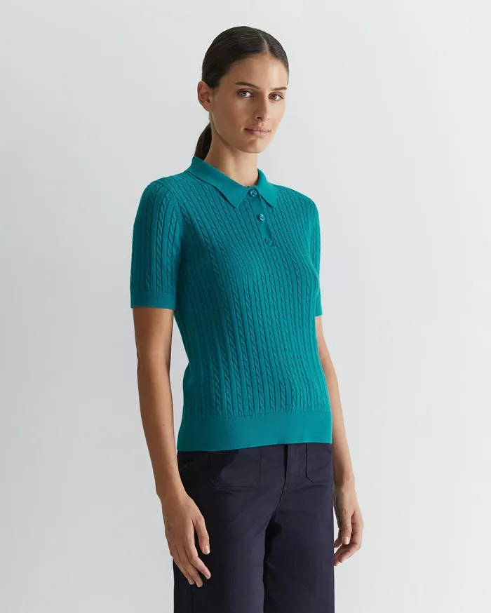 Women Sportscraft Tops and Tees Elka Cable Polo Light Teal