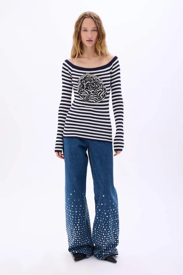 Women Striped Floral Sweater Striped Whiteblue Multi Sonia Rykiel Sweaters
