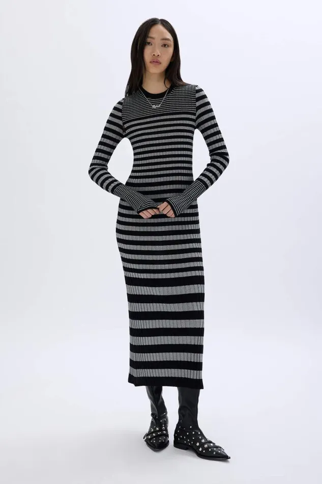 Women Striped Long Dress In Wool And Lurex Blacksilver Multi Sonia Rykiel Long Dresses