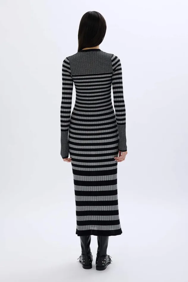 Women Striped Long Dress In Wool And Lurex Blacksilver Multi Sonia Rykiel Long Dresses