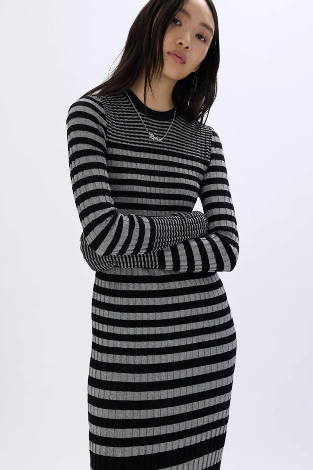 Women Striped Long Dress In Wool And Lurex Blacksilver Multi Sonia Rykiel Long Dresses