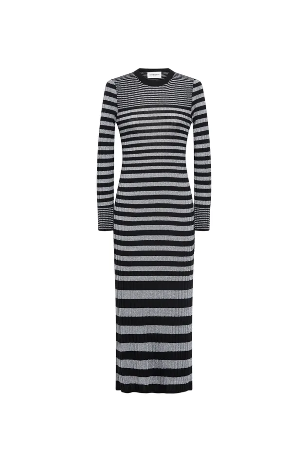 Women Striped Long Dress In Wool And Lurex Blacksilver Multi Sonia Rykiel Long Dresses