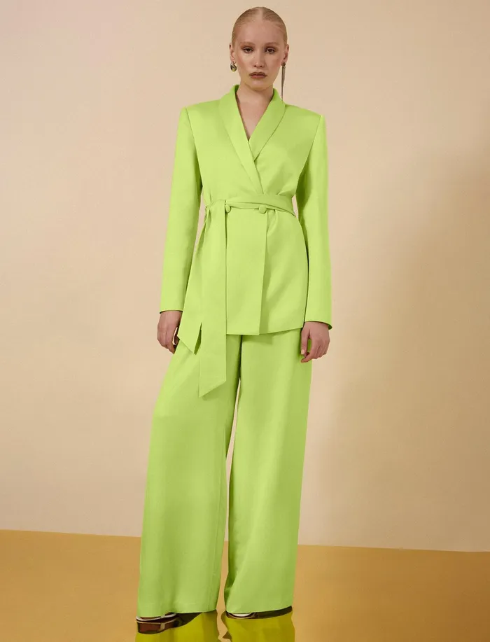 Women Suiting BCBG Harrison WideLeg Satin Trouser Lime Punch