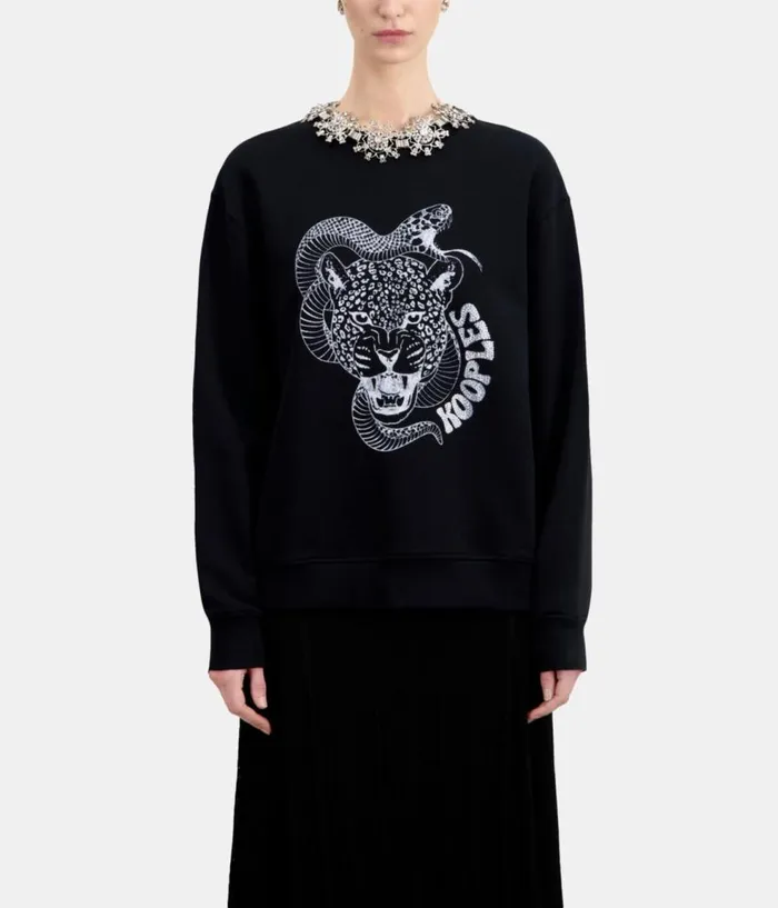 Women Sweatshirts THE KOOPLES Black Sweatshirt With Snake Leopard Serigraphy Women Sweatshirts THE KOOPLES Black Sweatshirt With Snake Leopard Serigraphy