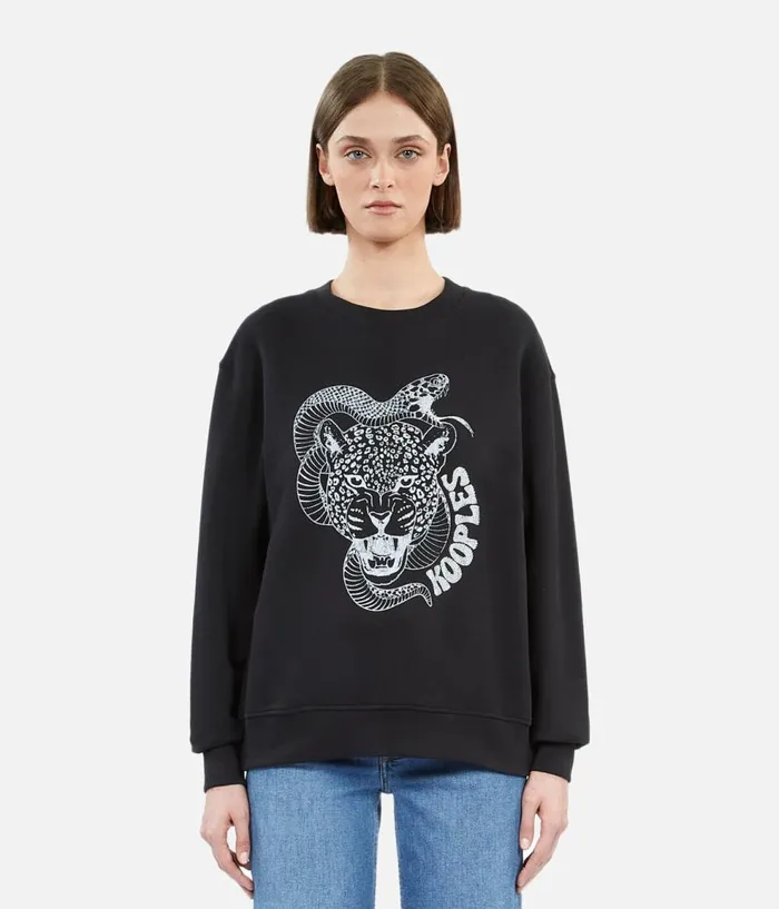 Women Sweatshirts THE KOOPLES Black Sweatshirt With Snake Leopard Serigraphy Women Sweatshirts THE KOOPLES Black Sweatshirt With Snake Leopard Serigraphy