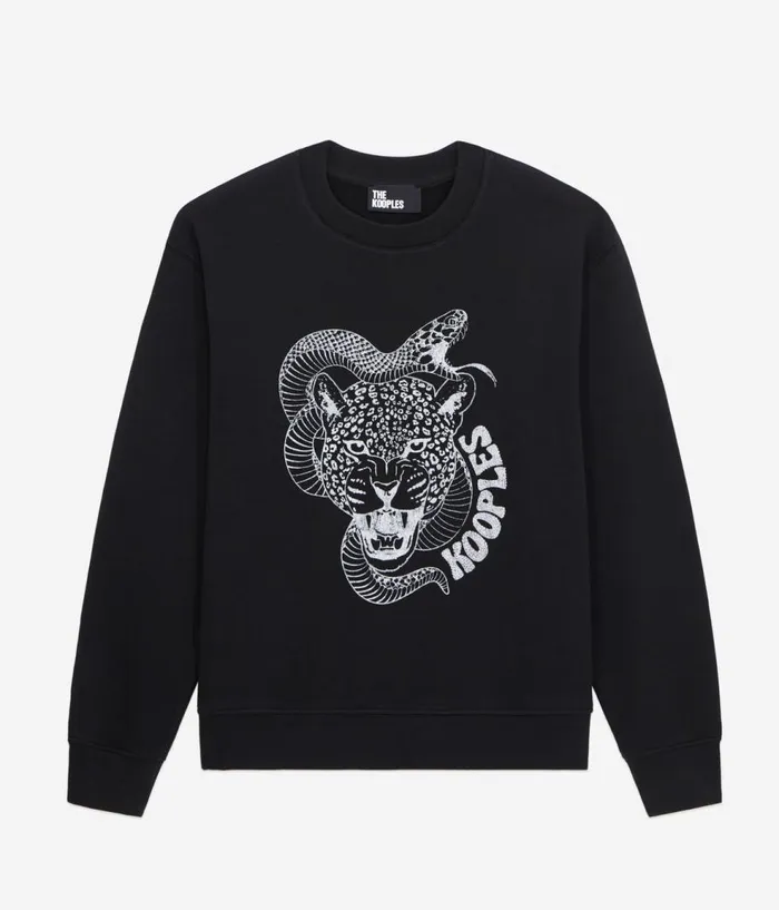 Women Sweatshirts THE KOOPLES Black Sweatshirt With Snake Leopard Serigraphy Women Sweatshirts THE KOOPLES Black Sweatshirt With Snake Leopard Serigraphy