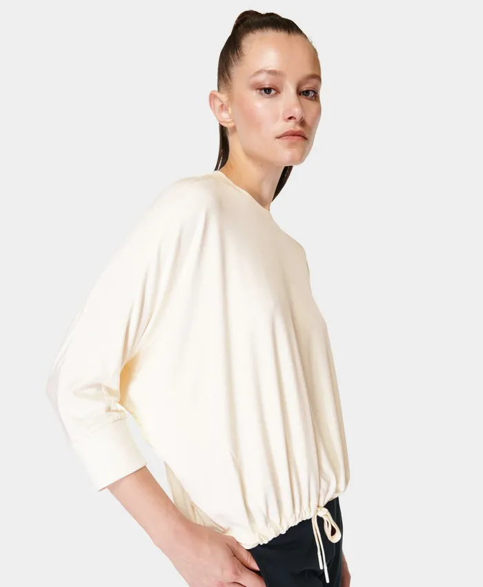 Women Sweaty Betty Tori Drawstring Top Sandbar White Long Sleeve Tops