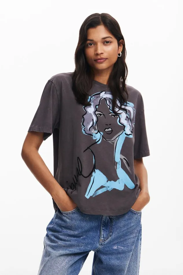 Women Tshirts Desigual Face Illustration Tshirt