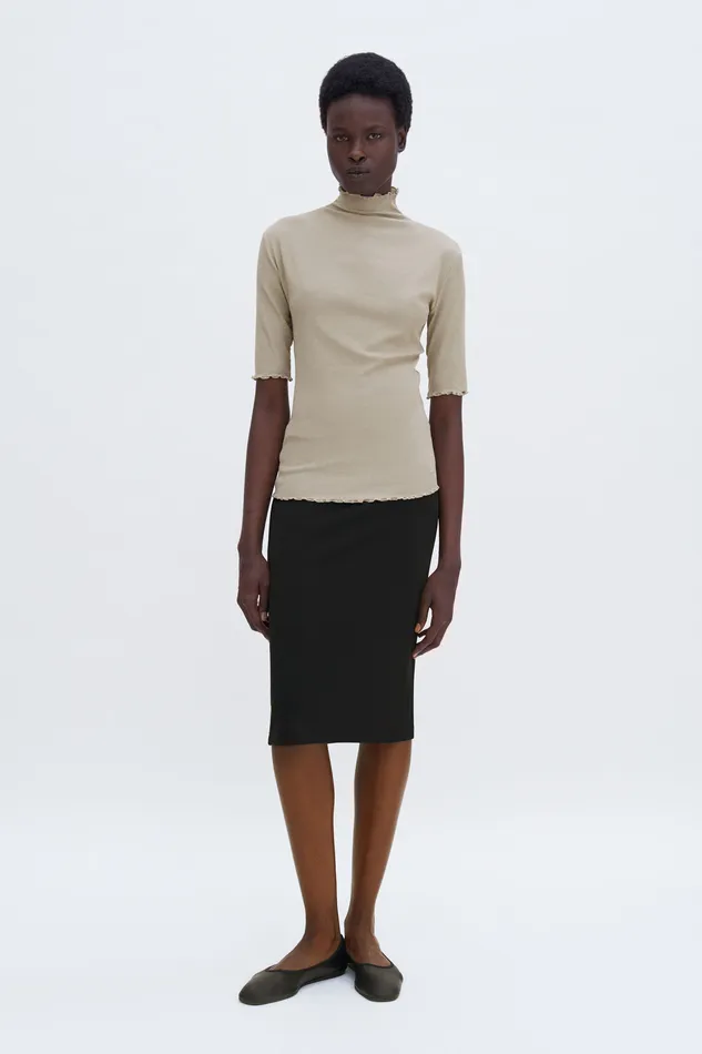 Women Tops and TShirts filippak Rib Mock Neck Tee Moss Grey