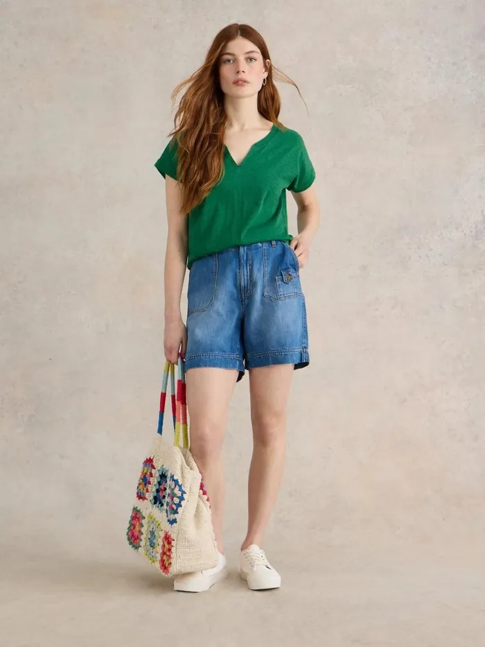 Women TOPS and TEES White Stuff NELLY COTTON NOTCH NECK TEE Mid Green