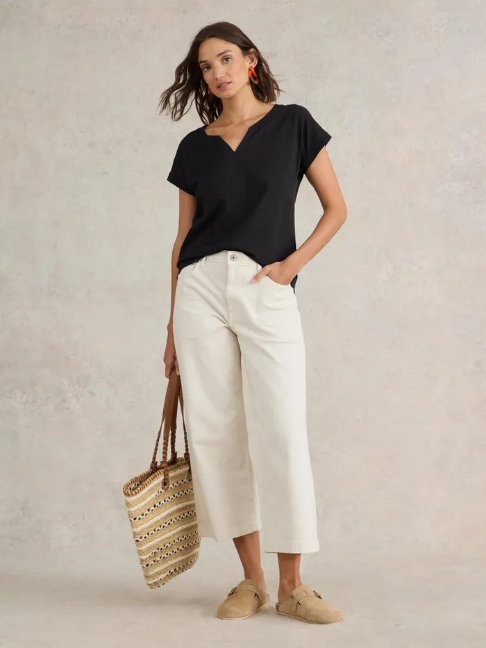 Women TOPS and TEES White Stuff NELLY COTTON NOTCH NECK TEE Pure Black
