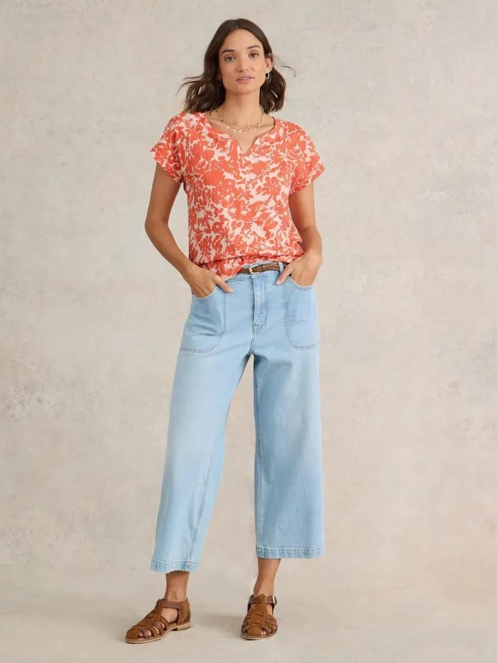 Women TOPS and TEES White Stuff NELLY NOTCH NECK COTTON TEE Orange Print