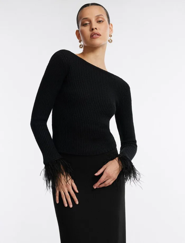Women Tops BCBG Feather Cuff Knit Top Black
