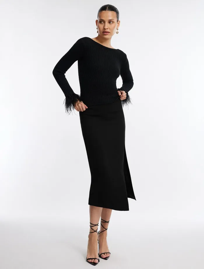 Women Tops BCBG Feather Cuff Knit Top Black