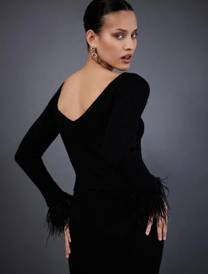 Women Tops BCBG Feather Cuff Knit Top Black