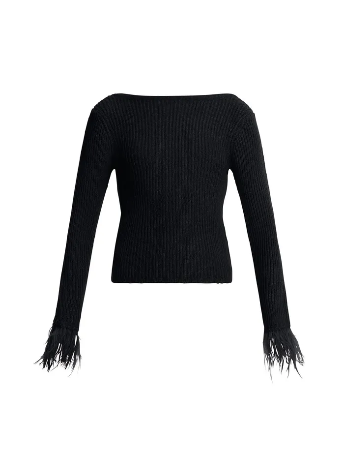 Women Tops BCBG Feather Cuff Knit Top Black