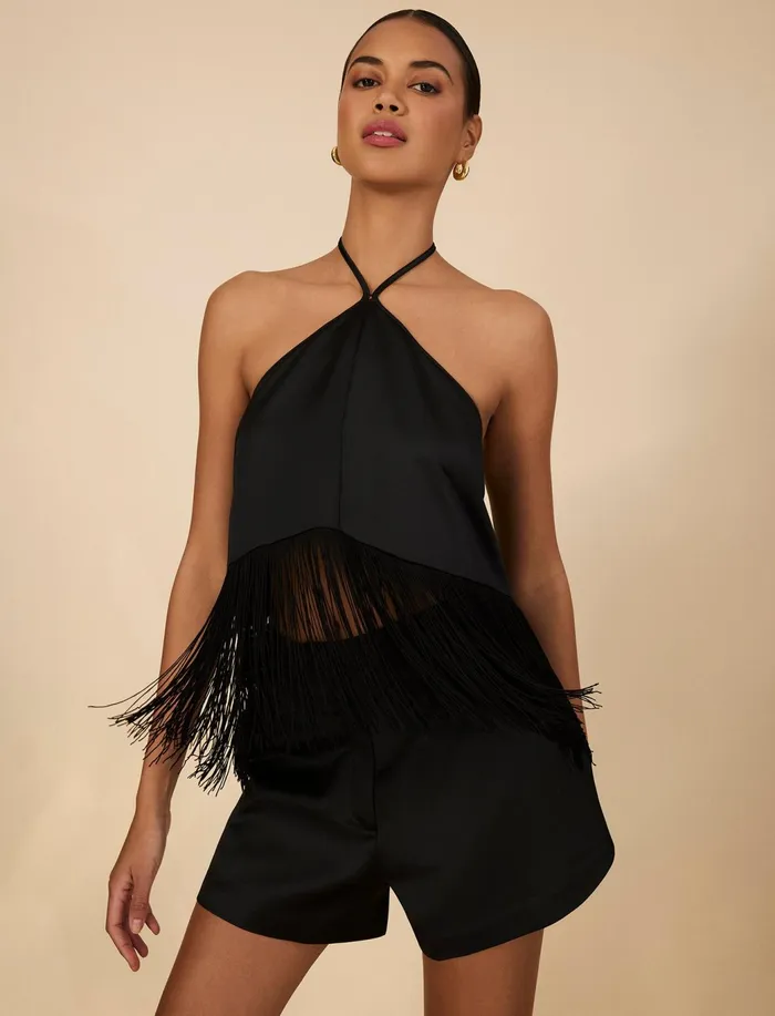 Women Tops BCBG Halter Fringe Crop Top Black