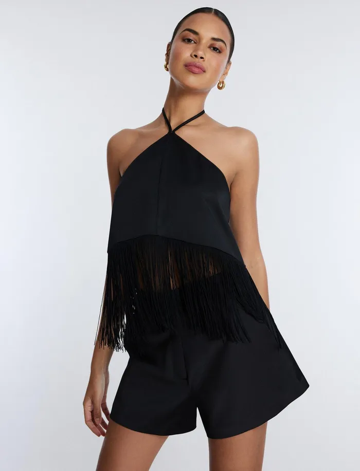 Women Tops BCBG Halter Fringe Crop Top Black