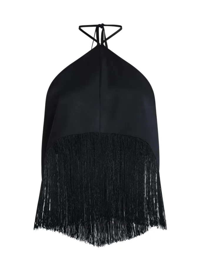 Women Tops BCBG Halter Fringe Crop Top Black