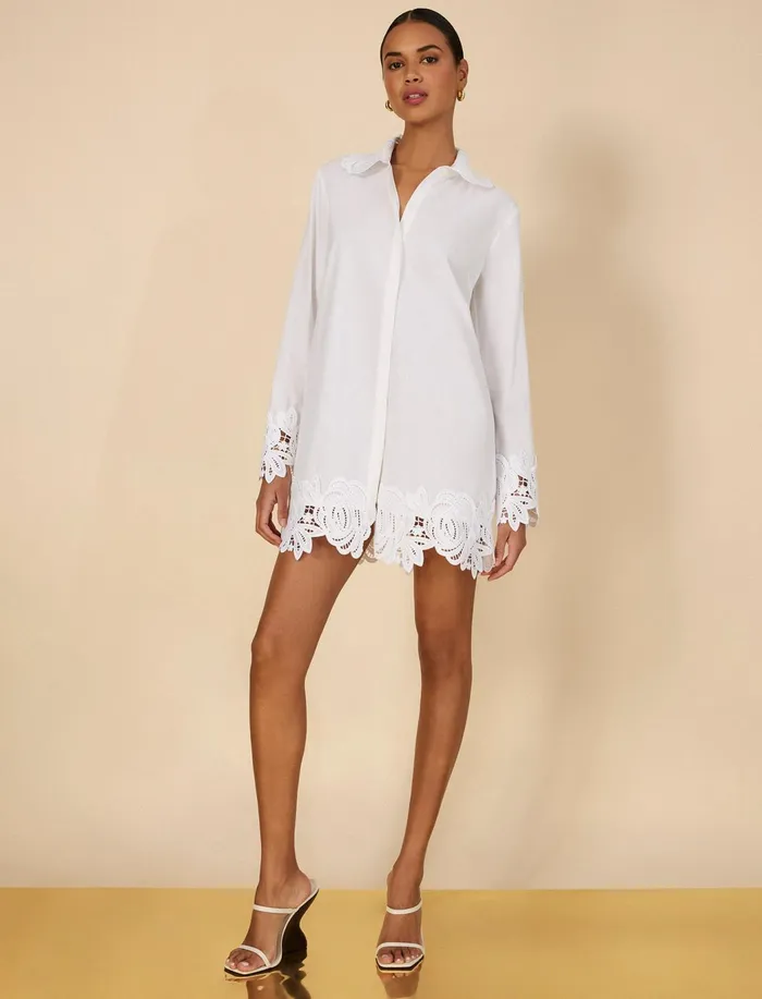 Women Tops BCBG Lace Appliqu ButtonUp Top White