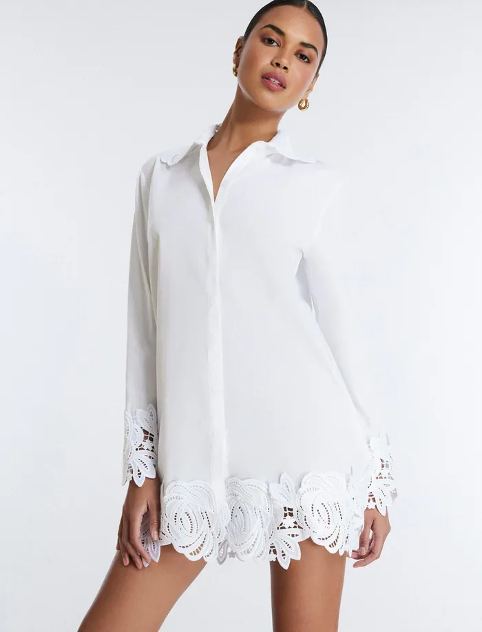 Women Tops BCBG Lace Appliqu ButtonUp Top White
