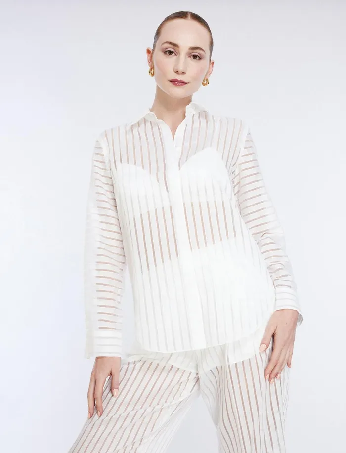 Women Tops BCBG Sheer Stripe Button Down Shirt Gardenia