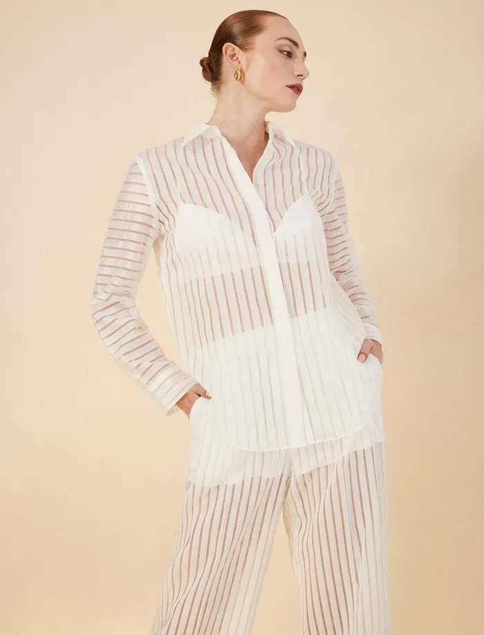 Women Tops BCBG Sheer Stripe Button Down Shirt Gardenia