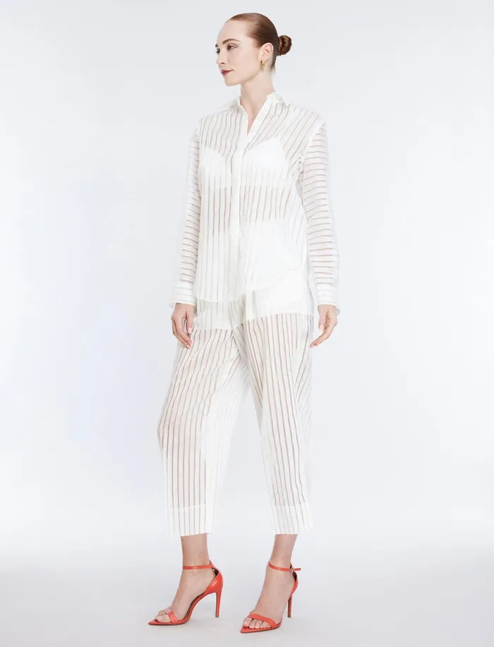 Women Tops BCBG Sheer Stripe Button Down Shirt Gardenia