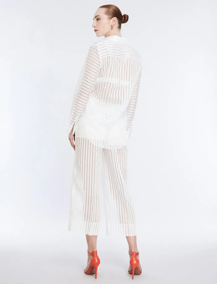 Women Tops BCBG Sheer Stripe Button Down Shirt Gardenia