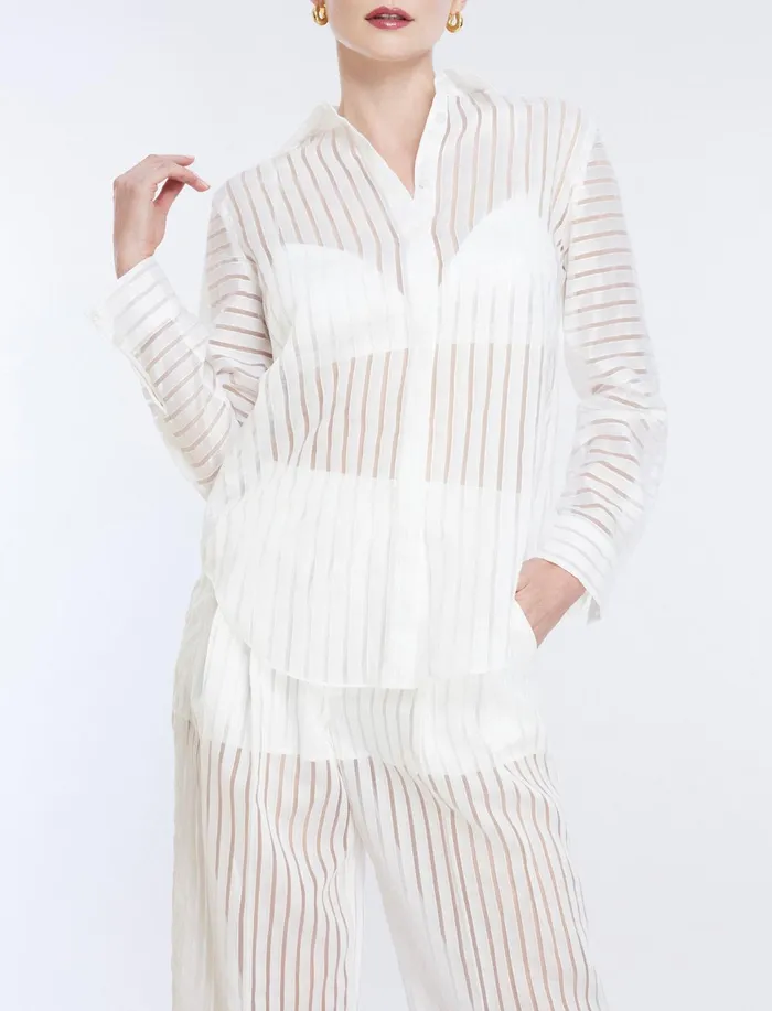 Women Tops BCBG Sheer Stripe Button Down Shirt Gardenia