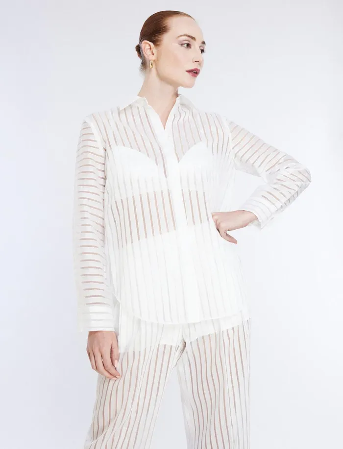Women Tops BCBG Sheer Stripe Button Down Shirt Gardenia
