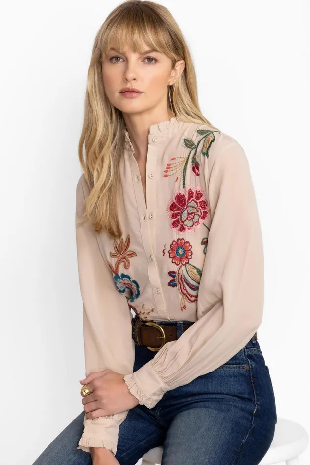Women Tops Johnny Was RUFFLE COLLAR BLOUSE Moonlight