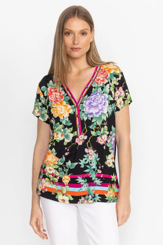 Women Tops Johnny Was THE JANIE FAVORITE BUTTON NECK TEE Le Jardin Scarf Print