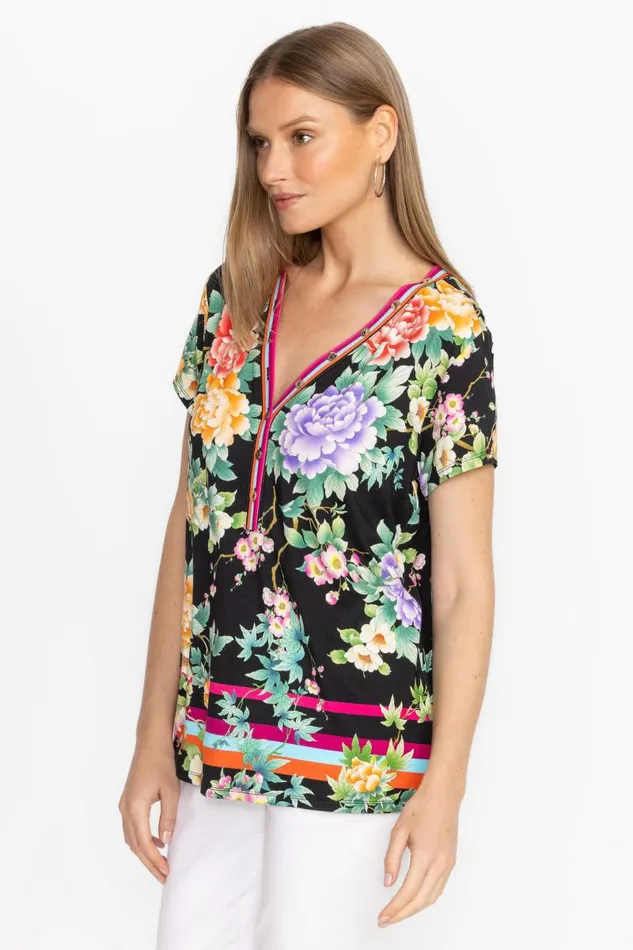 Women Tops Johnny Was THE JANIE FAVORITE BUTTON NECK TEE Le Jardin Scarf Print Women Tops Johnny Was THE JANIE FAVORITE BUTTON NECK TEE Le Jardin Scarf Print