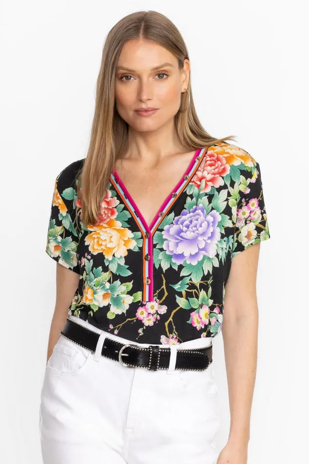 Women Tops Johnny Was THE JANIE FAVORITE BUTTON NECK TEE Le Jardin Scarf Print Women Tops Johnny Was THE JANIE FAVORITE BUTTON NECK TEE Le Jardin Scarf Print