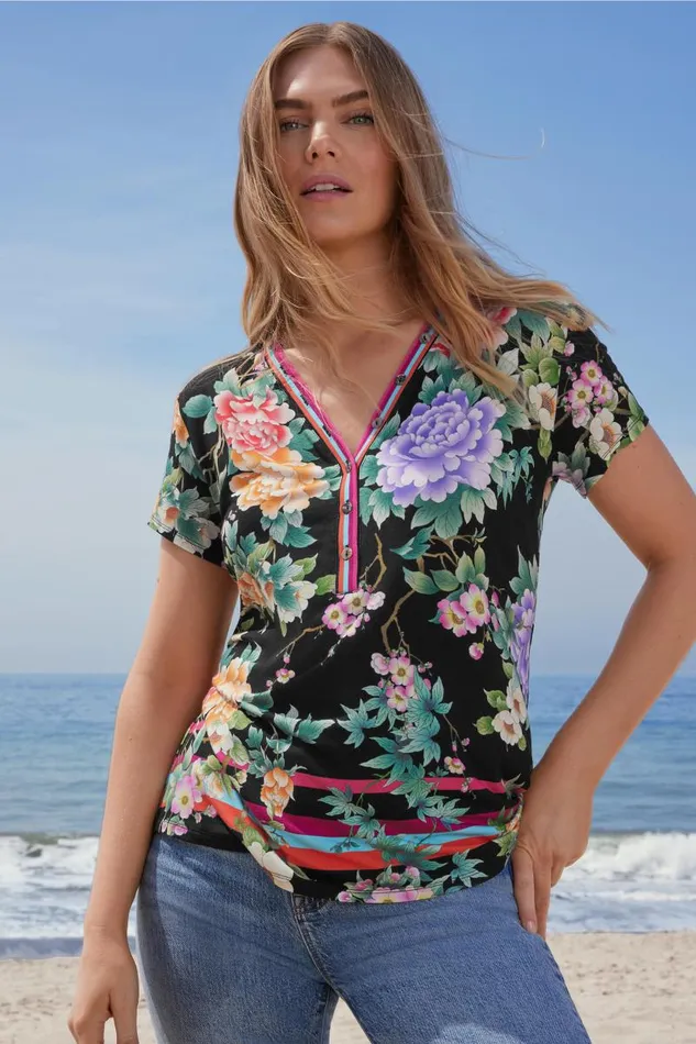 Women Tops Johnny Was THE JANIE FAVORITE BUTTON NECK TEE Le Jardin Scarf Print Women Tops Johnny Was THE JANIE FAVORITE BUTTON NECK TEE Le Jardin Scarf Print
