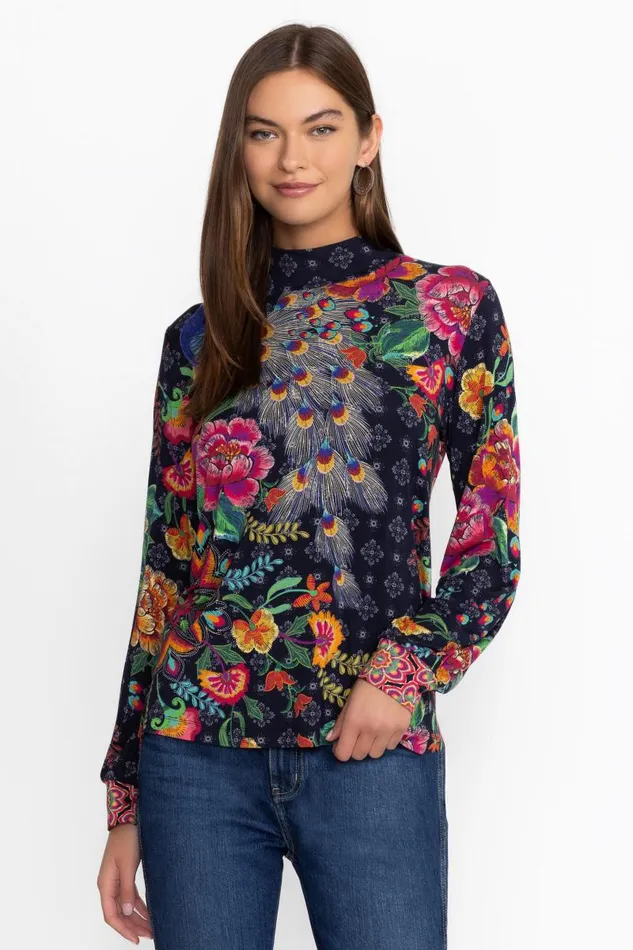 Women Tops Johnny Was THE JANIE FAVORITE PUFF SLEEVE MOCK NECK Darnahta Scarf Print