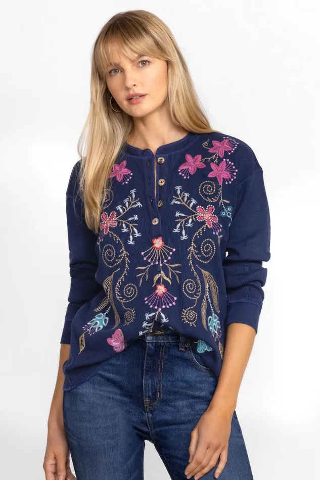 Women Tops Johnny Was THERMAL HENLEY Blue Night