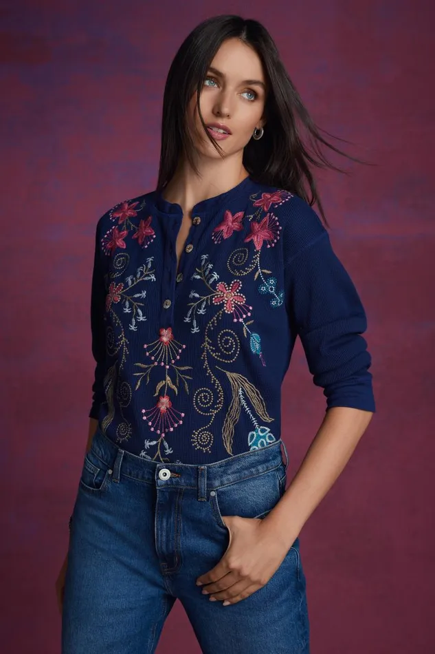 Women Tops Johnny Was THERMAL HENLEY Blue Night Women Tops Johnny Was THERMAL HENLEY Blue Night
