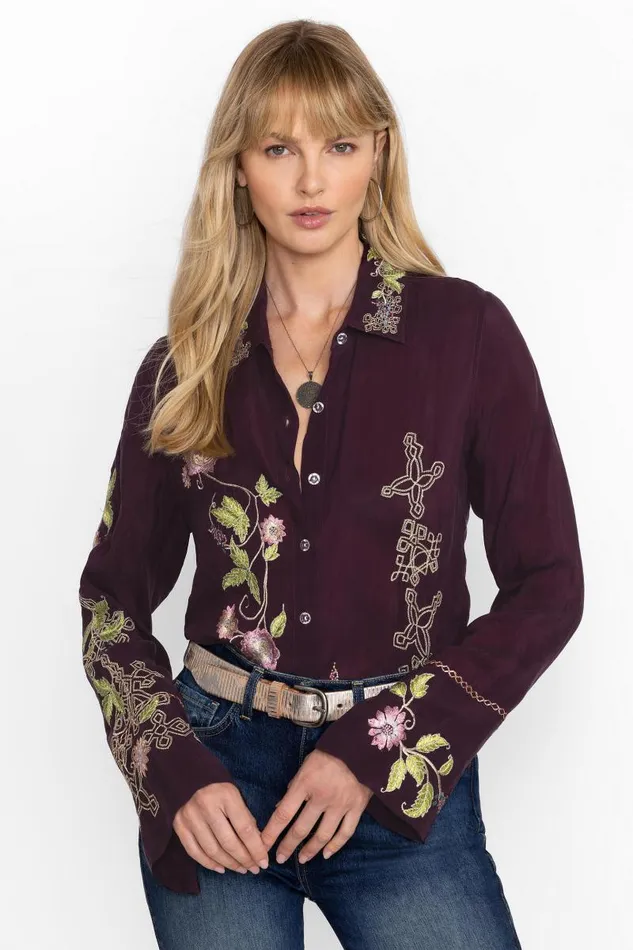 Women Tops Johnny Was VINTAGE BUTTON DOWN SHIRT Plum