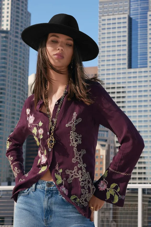 Women Tops Johnny Was VINTAGE BUTTON DOWN SHIRT Plum Women Tops Johnny Was VINTAGE BUTTON DOWN SHIRT Plum