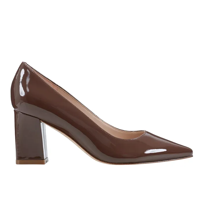 Women Zala Block Heel Pointy Toe Pump Dark Brown Patent Leather Heels and Pumps Marc Fisher