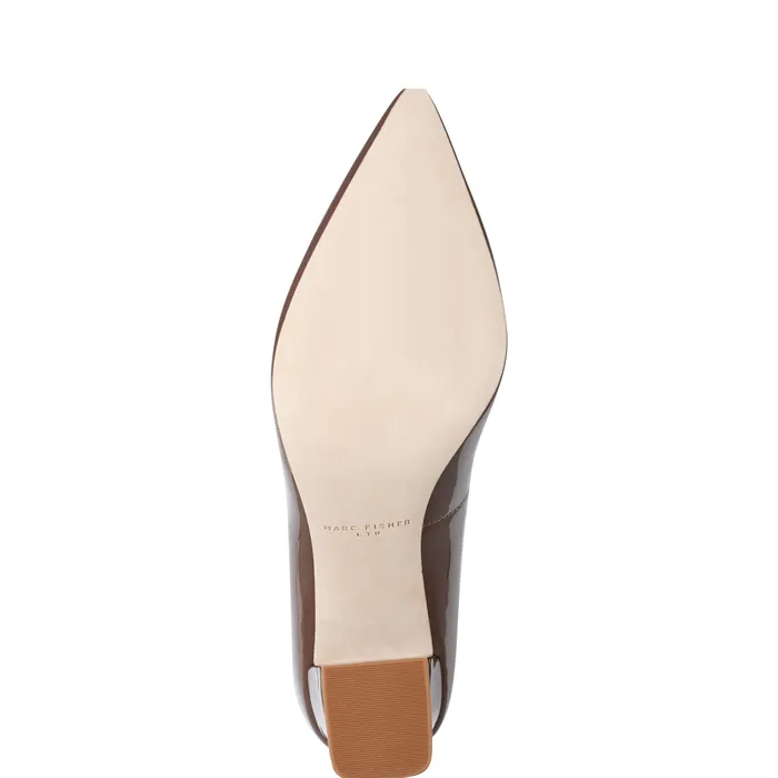 Women Zala Block Heel Pointy Toe Pump Dark Brown Patent Leather Heels and Pumps Marc Fisher
