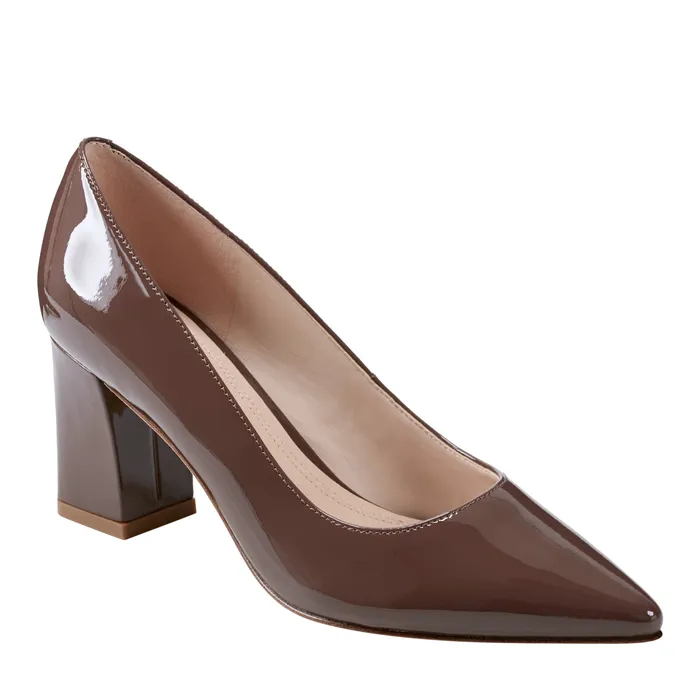 Women Zala Block Heel Pointy Toe Pump Dark Brown Patent Leather Heels and Pumps Marc Fisher