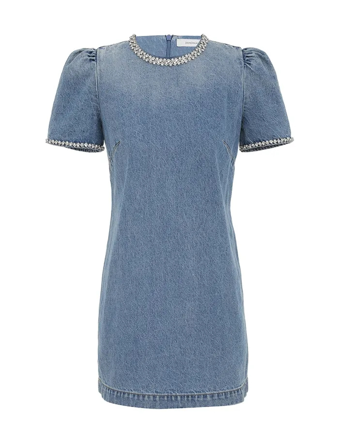 Women Zimmermann Clothing Crush Embellished Denim Dress Blue Moon
